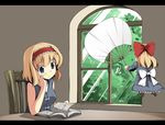  alice_margatroid alternate_costume arm_support blonde_hair blue_eyes book doll fan fujy hairband hand_on_own_cheek hand_on_own_face letterboxed paper_fan reading shanghai_doll short_hair short_sleeves solo touhou uchiwa 
