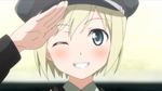  blonde_hair blue_eyes blush smile tagme uniform wink 