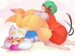  animal_ears aosaki bad_id bad_pixiv_id barefoot cat_ears cat_tail chen fox_tail hat jewelry long_sleeves mob_cap multiple_girls multiple_tails pillow_hat short_hair single_earring tail tail_hug tassel touhou white_background yakumo_ran 