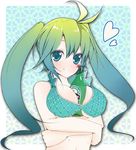  alcohol beer between_breasts bikini blue_eyes blush bottle breasts gradient_hair green_hair hatsune_miku heart heineken large_breasts long_hair multicolored_hair product_placement smile solo suzume_miku swimsuit twintails vocaloid 