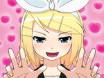  animated animated_gif bad_hands blonde_hair blue_eyes close-up face hair_ornament hair_ribbon hairclip hands headphones headset heart heart_background kagamine_rin mameshiba open_mouth pink_background ribbon short_hair smile solo vocaloid you_gonna_get_raped 