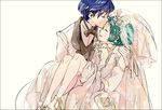  1girl blue_hair blush bridal_veil bride closed_eyes couple dress good_end hetero persona persona_3 short_hair smile sutei_(giru) veil wedding_dress yamagishi_fuuka yuuki_makoto 