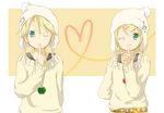  1girl aqua_eyes blonde_hair bonnet brother_and_sister hair_ornament hairclip izumi_yuu_(mee) jewelry kagamine_len kagamine_rin necklace one_eye_closed short_hair siblings smile twins vocaloid 