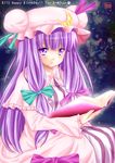  bad_id bad_pixiv_id book bow crescent hat long_hair patchouli_knowledge pengin_guriko pink_bow purple_eyes purple_hair solo touhou 