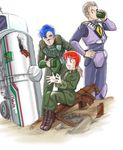  2boys alien armor artist_request blue_eyes blue_hair brown_eyes brown_hair choujikuu_yousai_macross cup damaged drinking giant giantess ground_vehicle macross meltrandi military military_uniform motor_vehicle multiple_boys red_eyes red_hair ruins science_fiction short_hair soldier tank_truck truck uniform yakult zentradi 