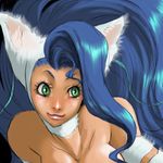  animal_ears big_hair blue_hair cat_ears felicia green_eyes long_hair miruhito_(sakiomiruhito) smile solo vampire_(game) 