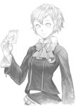  card female_protagonist_(persona_3) greyscale holding holding_card mas masn_(moxi) monochrome persona persona_3 persona_3_portable school_uniform solo 