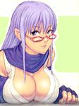  breast_press breasts cleavage fingerless_gloves fumio_(rsqkr) gintama glasses gloves large_breasts lavender_hair purple_eyes purple_hair purple_scarf sarutobi_ayame scarf solo 