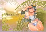  bikini blue_hair blush breasts cleavage curvy gundam gundam_seed hat large_breasts midriff myouga natarle_badgiruel purple_eyes short_hair sky solo sunset swimsuit thighs 