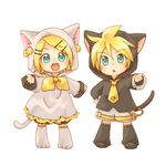  1girl animal_ears animal_hood aqua_eyes blonde_hair brother_and_sister cat_ears cat_hood chibi hair_ornament hairclip hood hoodie izumi_yuu_(mee) kagamine_len kagamine_rin lowres necktie short_hair siblings simple_background smile tail twins vocaloid yellow_neckwear 