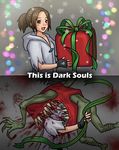  2014 ambiguous_gender blood blush brown_hair butt christmas claws clothed clothing dark_souls dark_souls_2 duo female gift hair hard_vore holidays human mammal mimic nightmare_fuel open_mouth plain_background sharp_teeth snowflakes teeth text video_games vore 