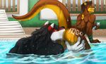  2015 aestas_(character) anal anthro black_fur brown_fur butt canine duo fence fur gay male mammal muscles mustelid nude oral otter outside plussun pool raised_tail red_fur rimming sex smile submerged swimming water wet white_fur wolf zake 