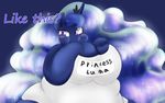  anthro big_breasts blue_fur blue_hair blush braffy breasts cleavage clothed clothing digital_media_(artwork) equine female friendship_is_magic fur hair hi_res hooves horn huge_breasts long_hair looking_at_viewer mammal my_little_pony obese overweight princess_luna_(mlp) purple_eyes smile solo text unicorn 