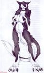  5_fingers 5_toes anthro bare_chest belly big_breasts big_feet big_thighs bigger_version_at_the_source black_body black_fur breasts caleb_magness claws collar eastern_sergal eyelashes female fluffy fur hair jewelry long_hair long_tail navel nude pussy red_eyes serenia sergal smile smirk solo standing teasing teeth toes traditional_media_(artwork) tuft voluptuous white_fur wide_hips 