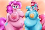  2014 anthro anthrofied areola big_breasts blue_skin blush braffy breasts cutie_mark digital_media_(artwork) duo earth_pony equine female friendship_is_magic hair hi_res horse huge_breasts lesbian mammal mrs_cake_(mlp) my_little_pony navel nipples nude open_mouth overweight pink_hair pink_skin pinkie_pie_(mlp) pony raised_arm two_tone_hair 