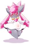  5_fingers anthro anthrofied belly big_ears big_eyes blush bottomless breasts chubby clothed clothing colored cute diancie digital_media_(artwork) dress ear_tuft featureless_crotch female fur gem grey_fur half-dressed human_hands looking_at_viewer navel nintendo pink_eyes plain_background pok&eacute;mon red_sclera shadow small_breasts solo sweat sweatdrop thick_thighs tuft ukanmuriman video_games walking white_background wide_hips 