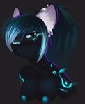  anthro bioluminescence black_fur breasts cheek_tuft ear_piercing facial_markings female fur glowing glowing_markings hair long_hair looking_at_viewer mammal markings open_mouth piercing plain_background ponytail solo source_request tuft unfinished unknown_artist unknown_species 