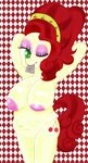  abstract_background anthro arms_behind_head bedroom_eyes big_breasts braffy breasts cherry_jubilee_(mlp) condom condom_in_mouth digital_media_(artwork) equine female friendship_is_magic fur green_eyes hair horse huge_breasts long_hair looking_at_viewer mammal my_little_pony navel nipples one_eye_closed overweight pony red_hair smile solo standing wink 