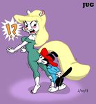  ! 2013 ? angry animaniacs blonde_hair blush breasts bulge butt clothed clothing duo erection female hair hat jug_(artist) male mammal minerva_mink mink mustelid open_mouth penis smile straight wakko_warner 