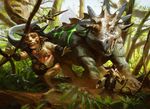  anthro chain chubby dinosaur feral fleeing forest glowing group hooves horn landscape leather long_tail magic_the_gathering male mike_bierek minotaur monster nipple_piercing nipples official_art open_mouth outside piercing quadruped running satyr sharp_teeth spikes tattoo teeth tree vegetation 