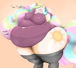  2015 anthro anthrofied big_breasts blush braffy breasts clothing cutie_mark digital_media_(artwork) equine eyes_closed female friendship_is_magic hair hi_res horn huge_breasts legwear long_hair mammal morbidly_obese multicolored_hair my_little_pony overweight plain_background princess_celestia_(mlp) solo thigh_highs unicorn 