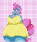  abstract_background anthro between_breasts big_breasts blue_fur blush bottle braffy breasts clothing digital_media_(artwork) dress equine erect_nipples female friendship_is_magic fur hair hooves horse huge_breasts long_hair mammal mrs_cake_(mlp) my_little_pony nipples obese overweight pink_hair pony purple_eyes smile solo standing two_tone_hair 
