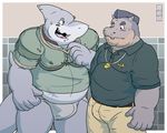 anthro blush clothing duo fish gay hippopotamus male mammal marine overweight shark story sweat wanikami 