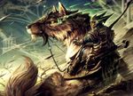  action_pose ambiguous_gender armor bow canine duo feral glowing human magic magic_the_gathering male mammal official_art quiver raymond_swanland riding signature soldier wolf 
