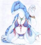 3_toes 4_fingers alira_windrider anthro armor big_belly big_breasts big_feet big_hands big_tail big_thighs blue_body blue_eyes bra breasts caleb_magness camel_toe claws cleavage clothed clothing eyelashes fangs female hybrid kneeling lingerie looking_at_viewer matile navel necklace nintendo nipples pangdillo panties pok&eacute;mon pouting semi-anthro smile smirk solo spots stare toes traditional_media_(artwork) underwear video_games voluptuous wide_hips 