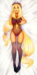  2015 anthro applejack_(mlp) bed bra breast_grab breasts clothed clothing equine female friendship_is_magic hair koveliana long_hair mammal my_little_pony royaltride solo underwear 