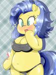  abstract_background anthro big_breasts blue_hair blush braffy breasts clothing digital_media_(artwork) equine fan_character female freckles fur hair hooves horse long_hair looking_at_viewer mammal milky_way_(character) my_little_pony navel open_mouth overweight panties solo standing teal_eyes underwear yellow_fur 
