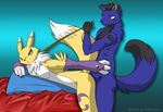  2015 abstract_background anthro bandai bed black_nose blue_eyes blue_fur blush breasts butt canine chest_tuft claws digimon duo eyewear female fox fur hair looking_at_viewer lying male mammal nipples nude open_mouth penis pillow raised_tail renamon rope sex shadow smile standing sunglasses tuft yellow_eyes yellow_fur yiffmasters 