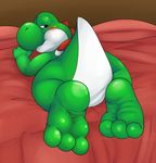  3_toes ambiguous_gender barefoot bed bed_sheet bedroom bedroom_eyes blue_eyes blush butt featureless_crotch feral foot_focus futonmania looking_at_viewer lying mario_bros nintendo soles solo toes video_games yoshi 