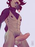  2015 abs anthro balls blue_eyes canine erection fangs furry-specific_piercing hair humanoid_penis looking_at_viewer male mammal muscles navel nipples nude pecs penis piercing plain_background solo sonatine standing tongue tongue_out tongue_piercing 