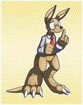  3_toes 4_fingers anthro black_nose brown_fur claws clothed clothing cody_(rockmanzxadvent) eyewear fur glasses half-dressed kangaroo long_tail male mammal marsupial necktie rockmanzxadvent shirt shy toes vest 