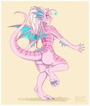  2014 anthro big_butt blue_eyes breasts butt claws dragon fangs female glowing grin hair hi_res hindpaw horn long_hair looking_back nude paws pink_skin plain_background roum scalie smile solo standing stripes teeth white_hair wings yellow_background 