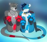  anthro balls black_nose blue_eyes claws collar duo fur glowing green_eyes hair hindpaw jazz_otter looking_at_viewer male mammal mustelid necklace nude otter pawpads paws penis rooc sitting smile tek_otter webbed_feet webbed_hands whiskers 