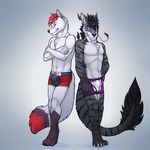  abs anthro biceps bulge canine chinese_dragon clothing dragon duo fox hybrid male mammal muscles tsaiwolf underwear wolf 