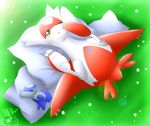  2013 claws cute female feral grass latiar latias latios legendary_pok&eacute;mon looking_up lying nintendo on_back pillow plushie pok&eacute;mon red_skin sleeping toy video_games white_skin yellow_eyes 