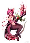  2015 anthro bat chest_tuft crystal digital_media_(artwork) eye_patch eyewear falvie female floating flower fur hair mammal nude nyxis pink_fur pink_hair pinup plant pose purple_eyes rose solo sword tuft vines weapon wings 