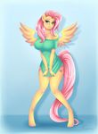  anthro big_breasts blush breasts cartoon clothing cutie_mark embarrassed equine feathers female fluttershy_(mlp) friendship_is_magic fur hair hi_res hooves long_hair looking_at_viewer mammal my_little_pony pegasus pink_hair roum solo standing teal_eyes wings yellow_fur 