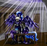  2013 anthro anthrofied armor bat_pony bat_wings bench blue_hair boots breasts cartoon cutie_mark door duo equine female friendship_is_magic hair helmet horn hug mammal metalfoxxx my_little_pony night nipples nude princess_luna_(mlp) pussy royal_guard_(mlp) sitting skylight sparkles star table tail_wrap thestral white_hair winged_unicorn wings yellow_eyes 