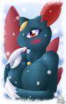 2013 anthro big_breasts black_skin blush breasts bust claws female gem latiar looking_at_viewer nintendo nude pok&eacute;mon pok&eacute;morph red_eyes red_skin seductive sneasel snow solo tongue tongue_out video_games white_skin 