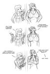  abs age_difference anthro biceps big_breasts braided_hair breasts cigarette cleavage clothed clothing comic crossed_arms dialogue duo embarrassed english_text eye_rolling female fingerless_gloves fishnet glaring gloves hair humor kellesk_(character) larger_female leaning lonewolf_(343) long_hair lucia_traveyne midriff monochrome muscles muscular_female navel open_mouth plain_background shirt size_difference sketch skimpy smile smoke smoking standing tank_top text tube_top vest 