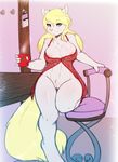  2015 animaniacs anthro areola avante92 big_breasts blonde_hair bottomless breasts clothed clothing cup dress female hair looking_at_viewer mammal minerva_mink mink mustelid navel nipples pussy skimpy solo thick_thighs voluptuous wide_hips 