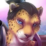  2015 abstract_background anthro armor blue_eyes bust cheetah eye_contact feline hair khajiit long_hair male mammal portrait smile solo spots the_elder_scrolls video_games whiskers zen 