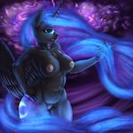  2015 abstract_background anthro anthrofied areola black_fur blue_hair breasts cartoon chest_tuft cutie_mark equine female friendship_is_magic fur glowing hair hand_in_hair hand_on_hip horn long_hair mammal my_little_pony navel nightmare_moon_(mlp) nipples nude pussy solo tuft winged_unicorn wings xanthor 