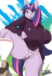  abstract_background anthro big_breasts breasts cartoon clothing equine female friendship_is_magic fur hair horn huge_breasts lionalliance long_hair looking_at_viewer mammal my_little_pony overweight panties purple_eyes purple_fur purple_hair pussy pussy_floss raised_leg shoes smile socks solo sweater twilight_sparkle_(mlp) two_tone_hair underwear unicorn 