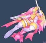  0r0ch1 2015 anthro anthrofied big_breasts breasts cartoon cleavage clothed clothing cutie_mark elbow_gloves equine female fluttershy_(mlp) friendship_is_magic gloves gun hair holding legwear long_hair mammal my_little_pony panties pegasus pink_hair plain_background ranged_weapon solo thick_thighs thigh_highs underwear weapon wings 