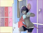  2014 anthro big_ears blue_eyes blue_hair clothed clothing digital_media_(artwork) erection fur girly grey_fur hair half-dressed harumi hi_res leo_(gedros) locker_room lockers looking_at_viewer male mammal mouse on_one_leg panties panties_down penis rodent sheath shirt shirt_lift shorts shorts_down smile solo teasing underwear undressing wide_hips young 